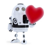 Cute Robot Holding A Big Red Heart. Isolated